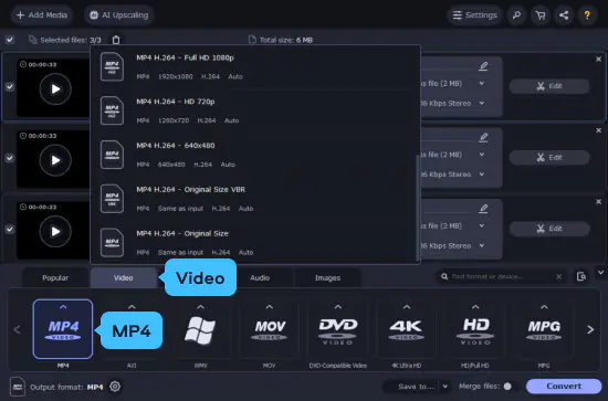 Pick MP4 as the output format in the Video tab