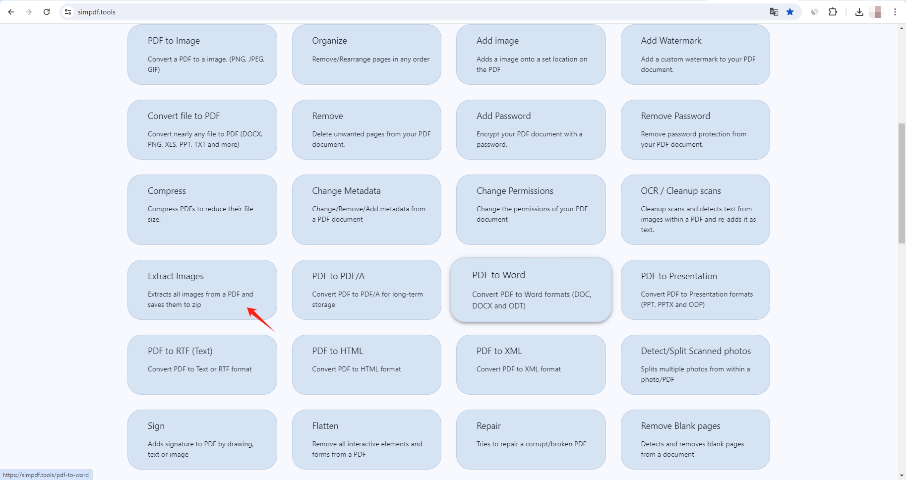 Finden Sie das Tool zum Extrahieren von Bildern auf Simpdf