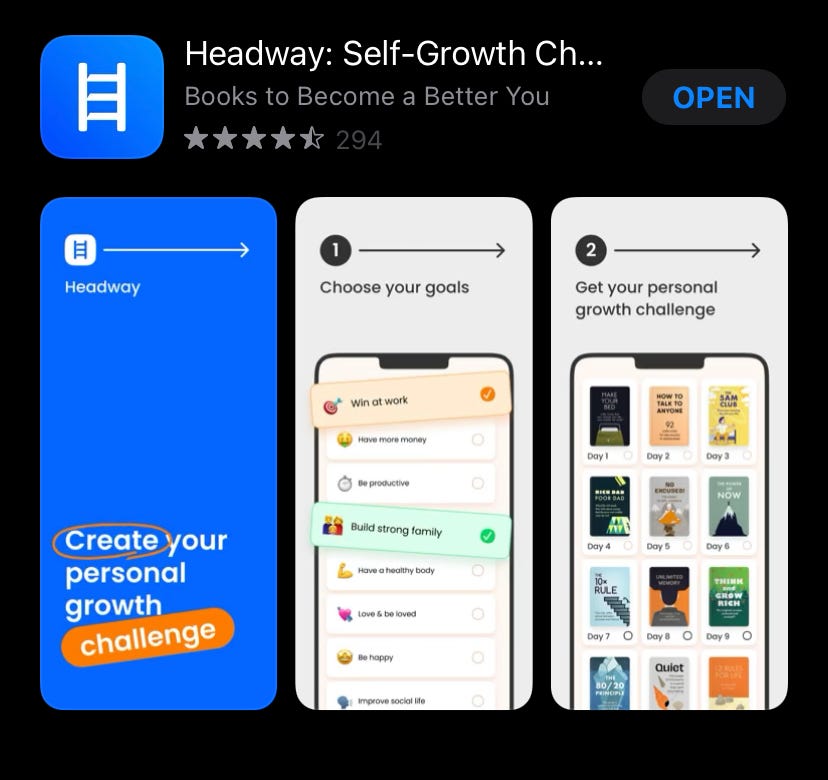 headway smartphone app interface in apple store