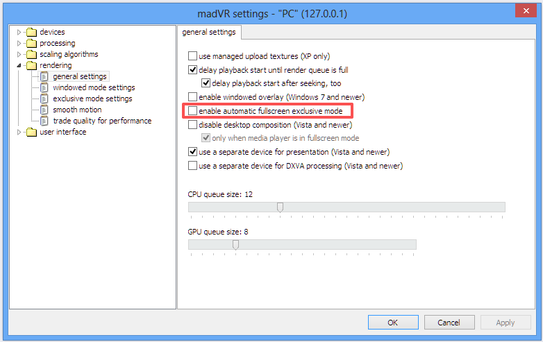 madvr disable automatic fullscreen exclusive mode
