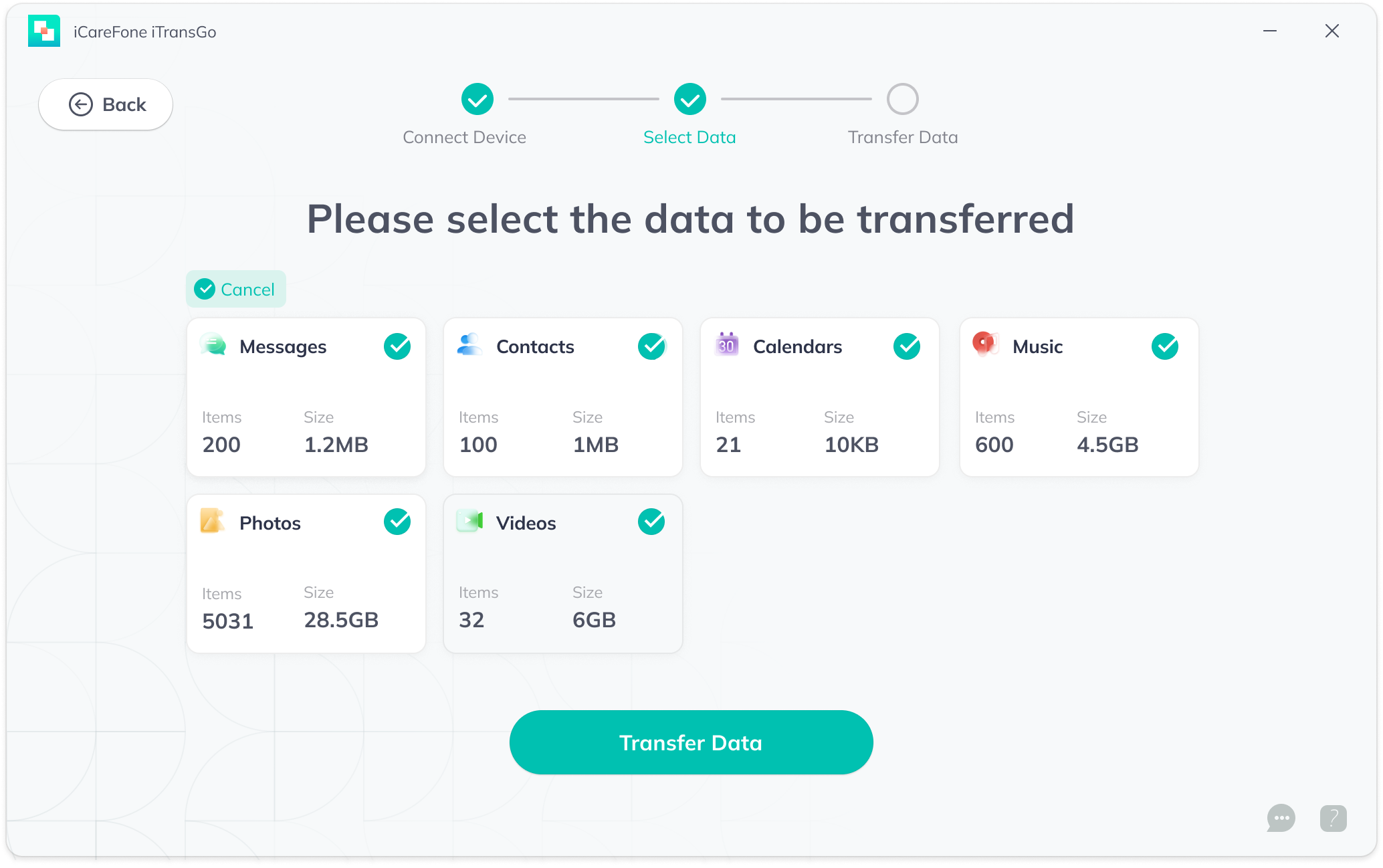 Sélectionnez les données à transférer