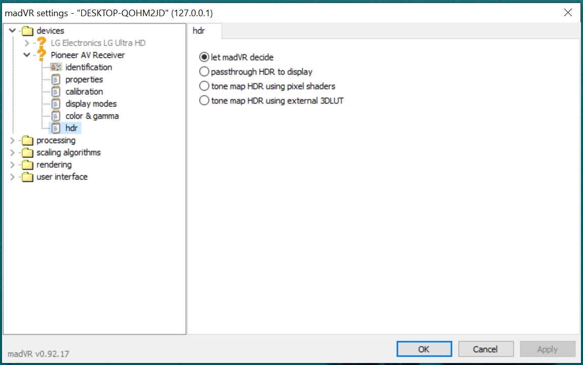 set hdr handling to let madvr decide