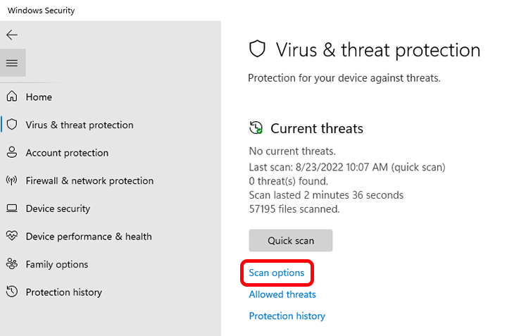 windows security scan options